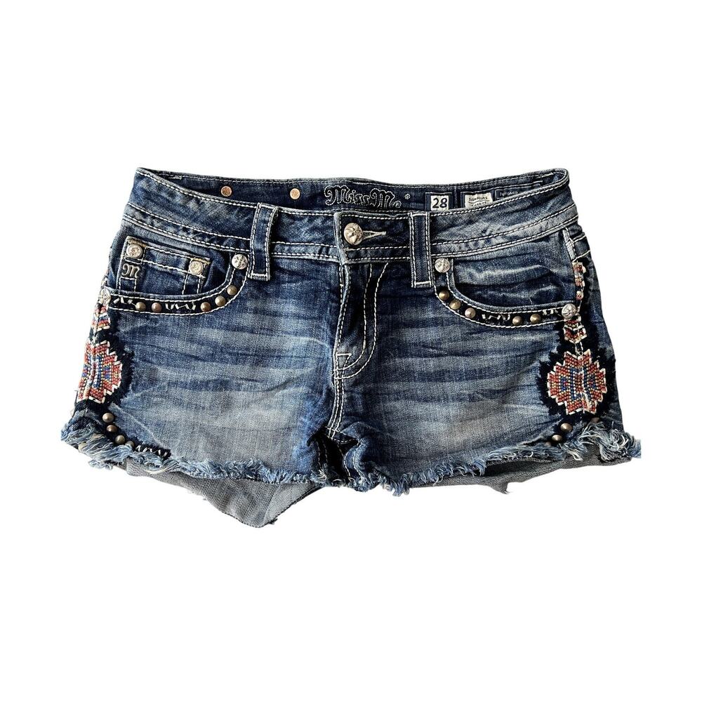 Miss Me Embroidered Tribal Studded Fringed Sexy Looking Jean Shorts Women's 28